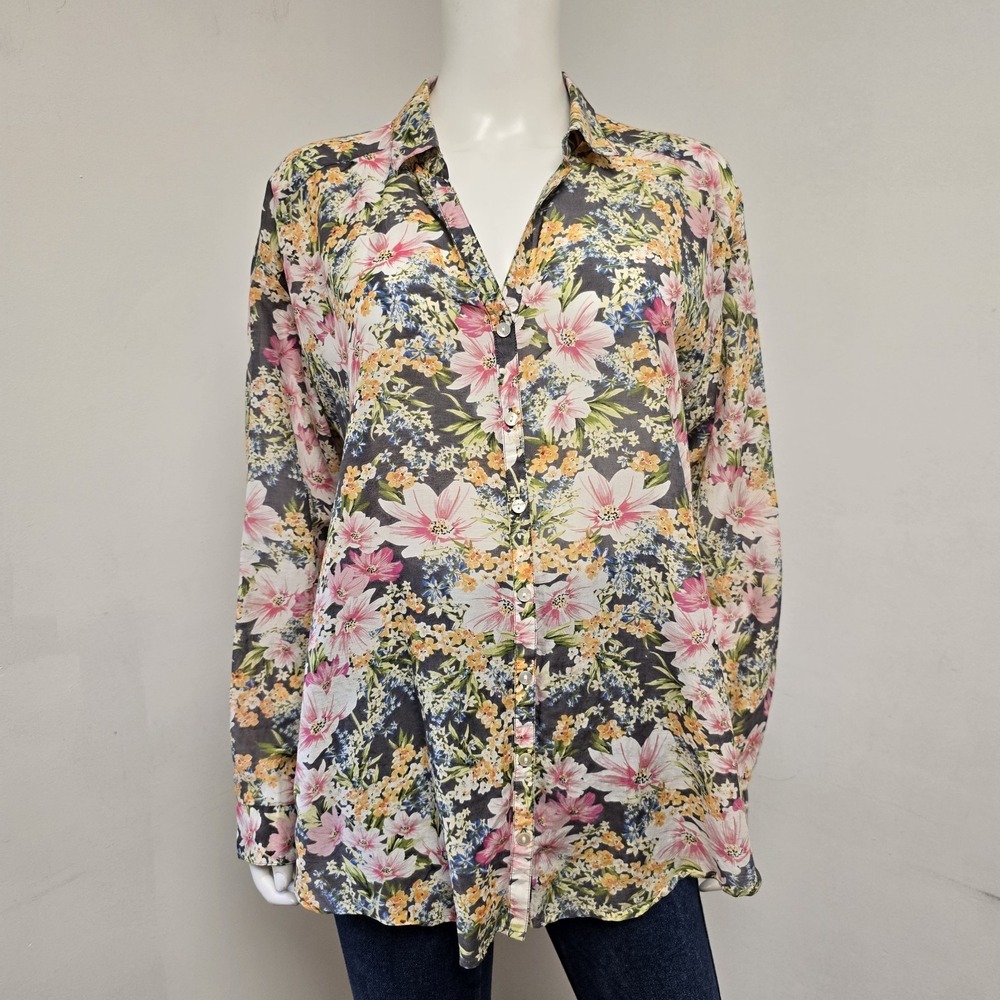 J Jill Shirt Blouse Size L Floral Long Sleeve Button Up Silk Cotton Lightweight